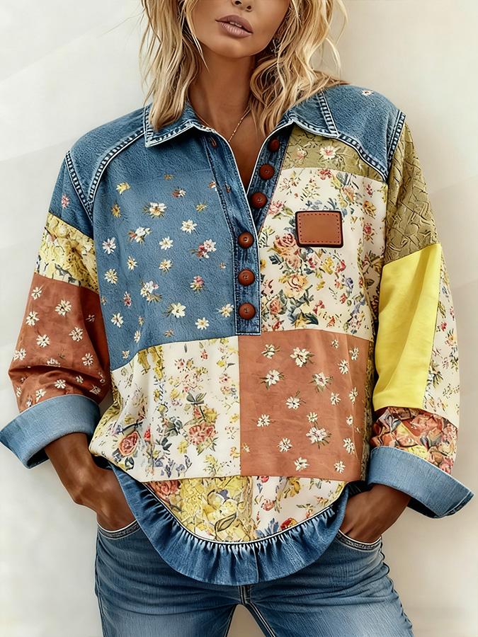 Denim Patchwork Collar Button-down Casual Long-sleeved Top