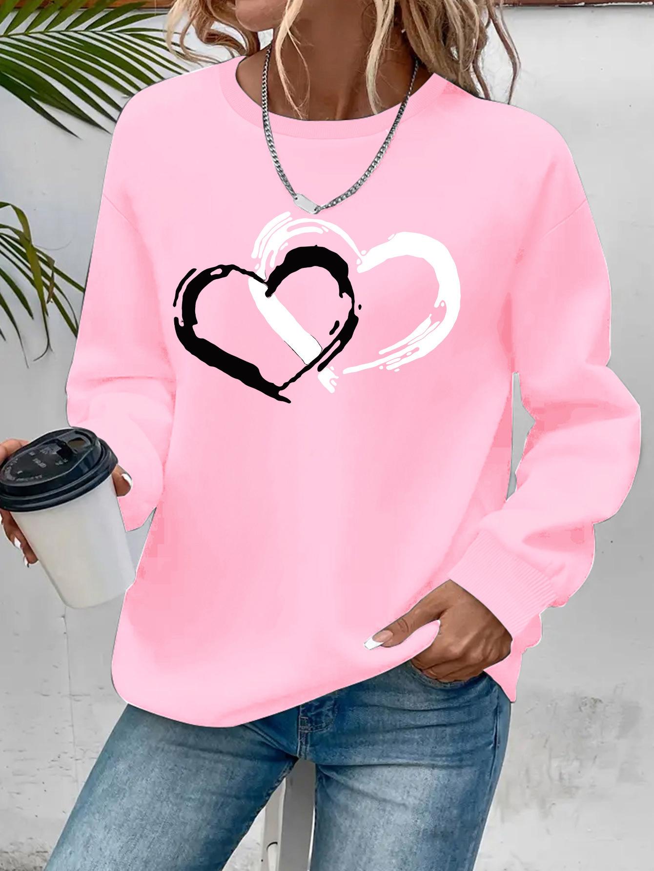 Heart Shape Printed Crew Neck Casual Sweatshirt Women's Clothing