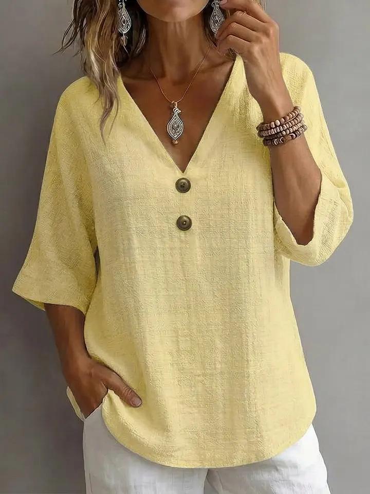 V-neck Button-up Loose-fitting Top For Women