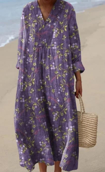 V-neck Digital Printing Pleated Large Version Dress