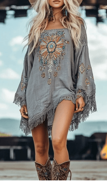 Western Linen-Blend Loose Flare-Sleeve Dress