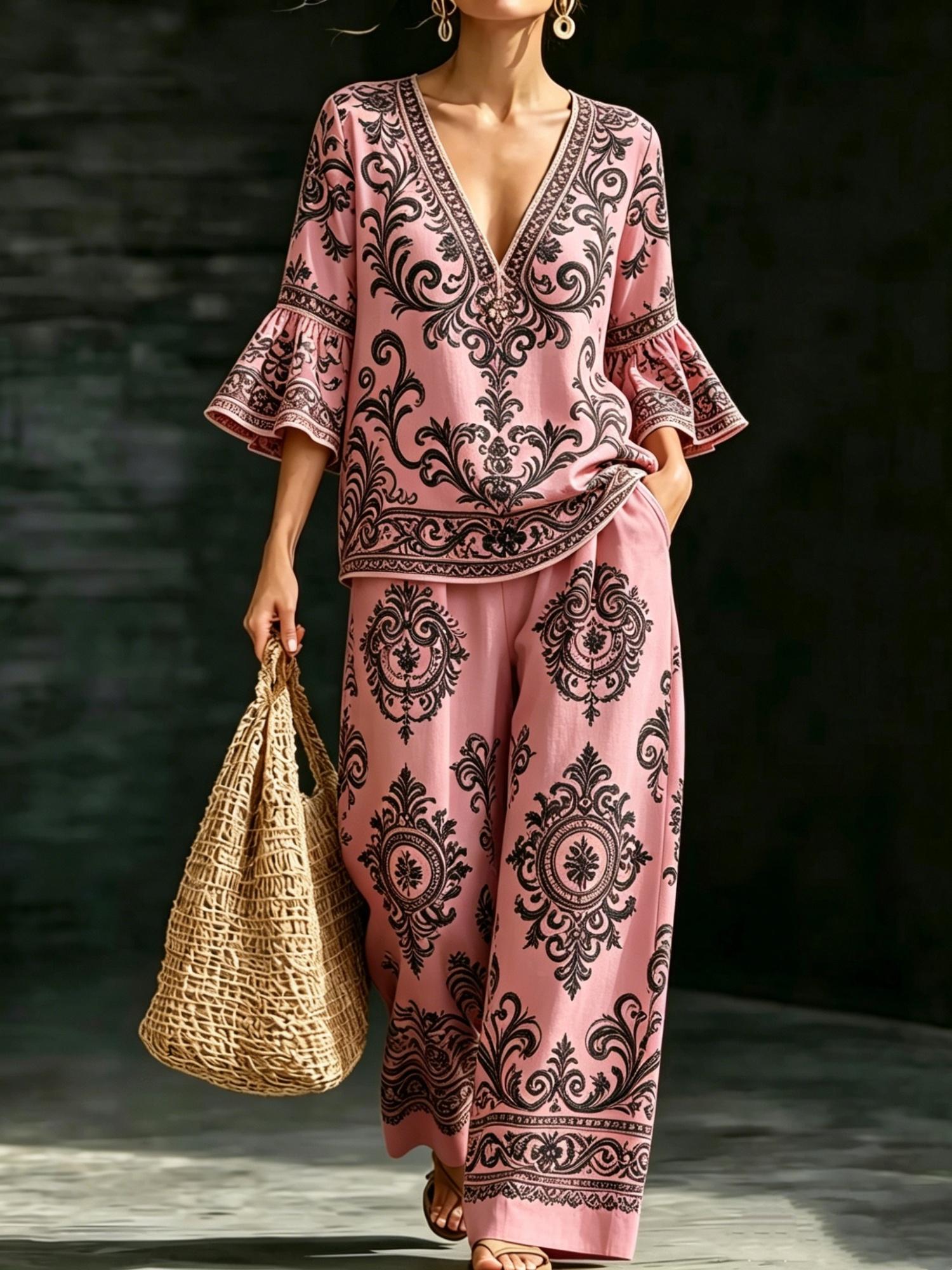 Solid-color V-neck Cotton-linen Chic Casual Two-piece Set With Wide-leg Pants For Women