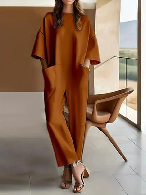 Women's Short-sleeve Long Casual Jumpsuit With A Round Neck And Wide-leg Fit