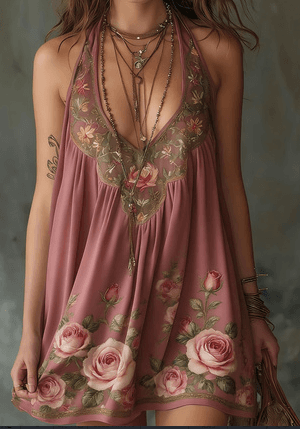 Bohemian Halter V-Neck Rose Print Dress