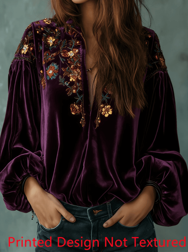 Velvet Floral Embroidery V-neck Puff Sleeve Casual Long-sleeved Top