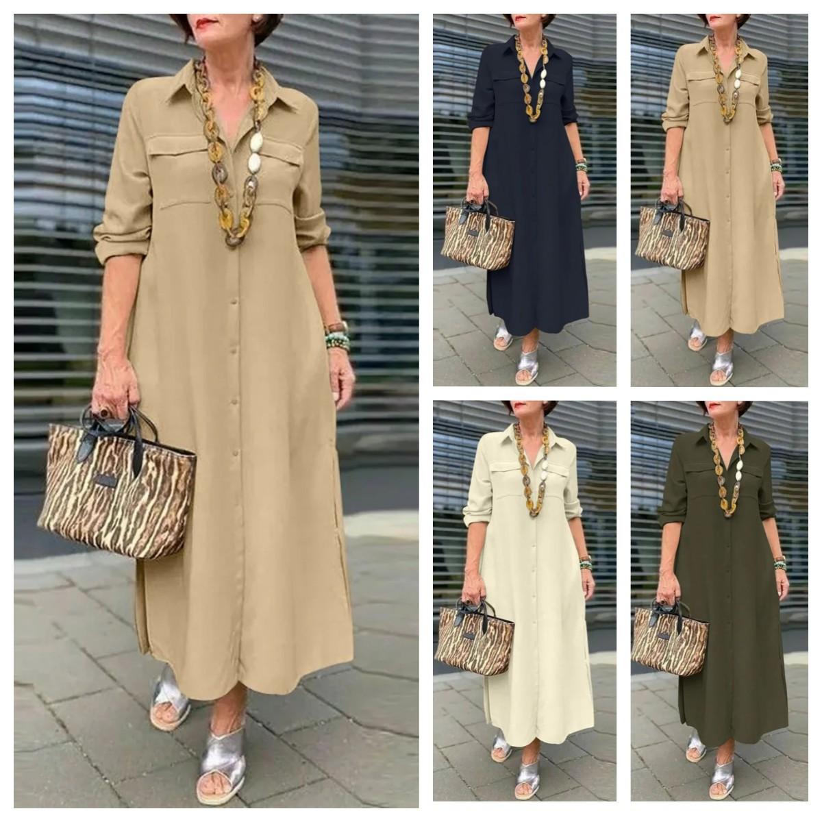 Elegant Solid Color Long Sleeve Button Lapel Dress