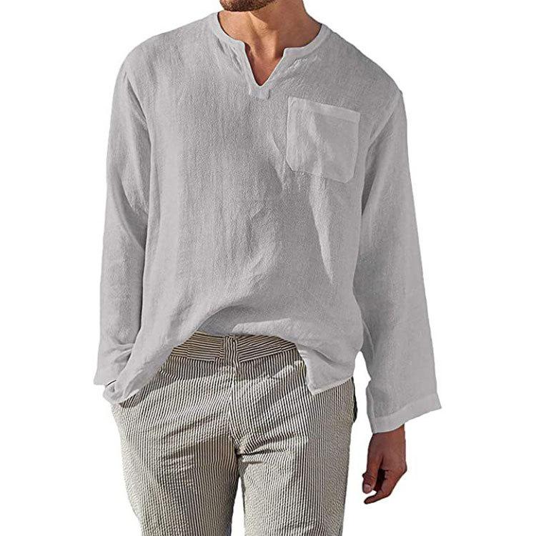 Linen Solid-color Casual Loose-fit Long-sleeve Shirt