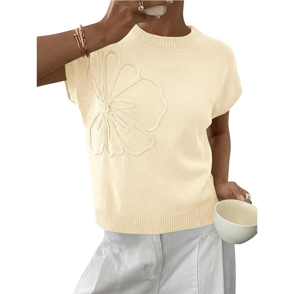Solid-color Jacquard Womens Knitted Short-Sleeve Flower Sweater