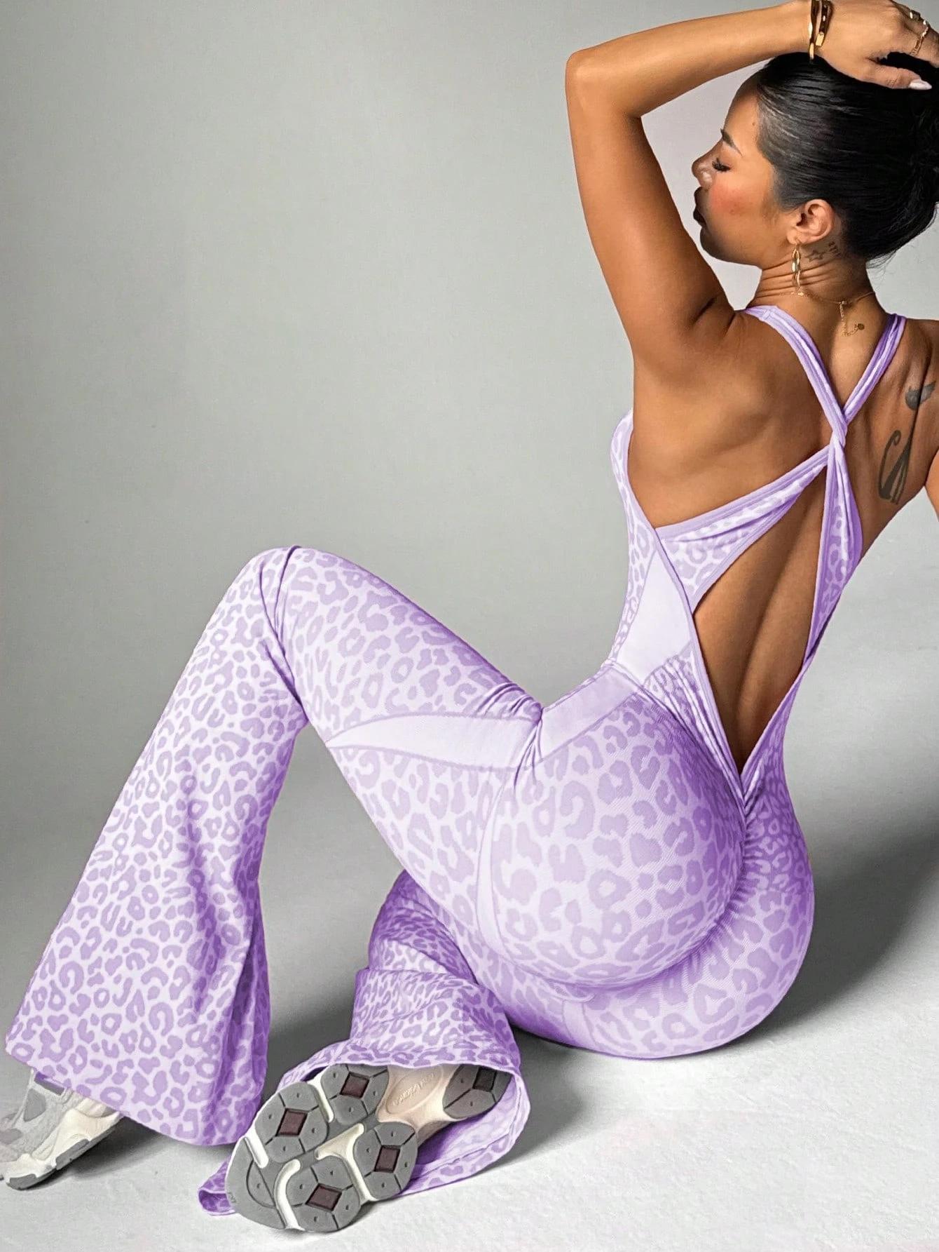 Women's Casual Sports Leopard Print Cross Beauty Back Jumpsuit