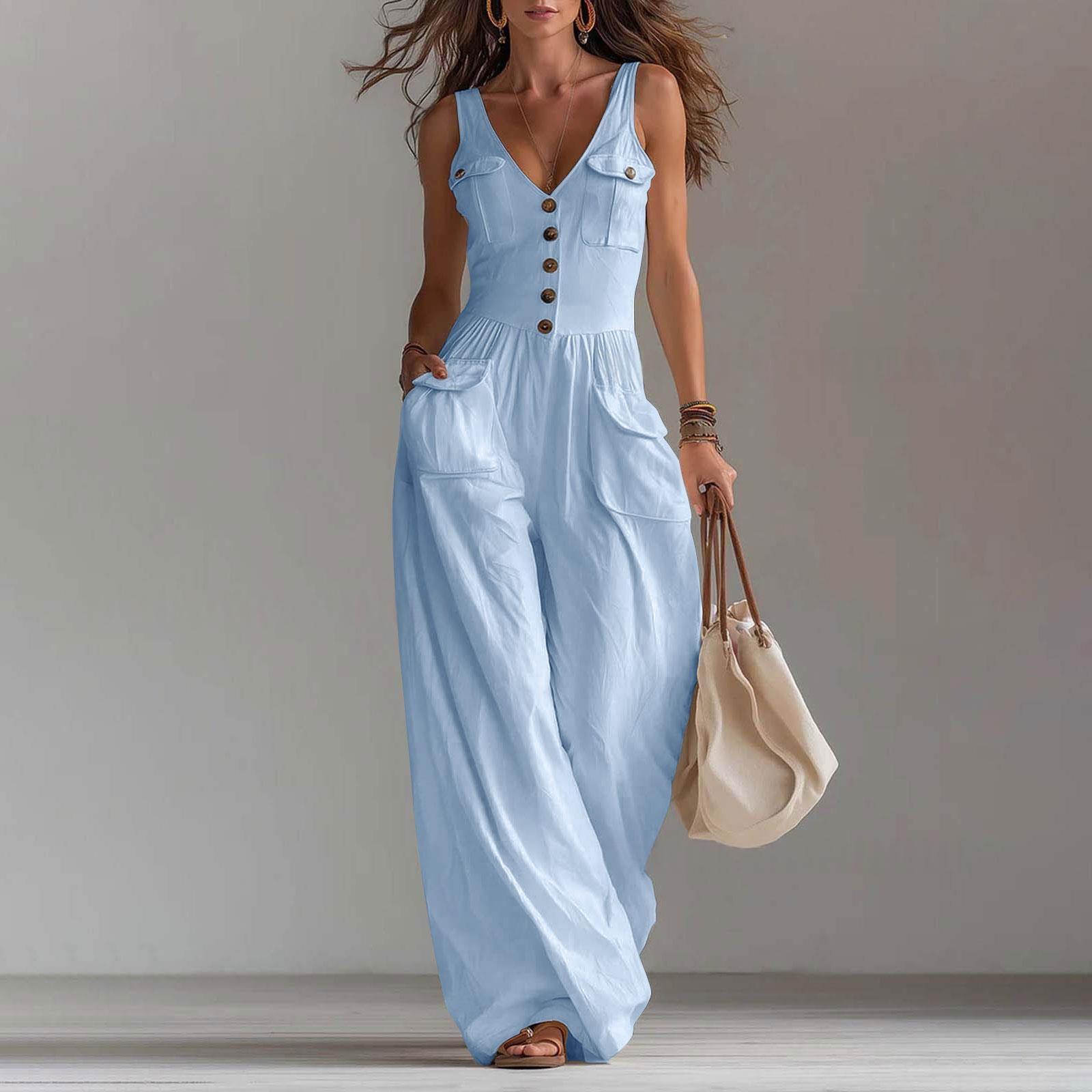 Casual Sleeveless Wide-leg Jumpsuit With Patch Pockets