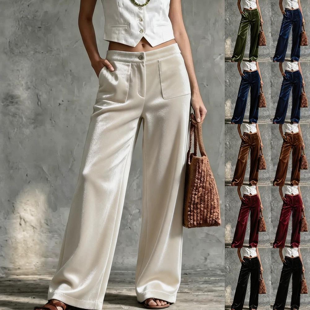 Womens Velvet Loose-fit Solid-color High-waisted Straight-leg Casual Pants With Pockets