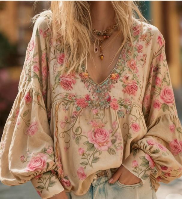 Floral Embroidery Casual V-neck Puff Sleeve Top