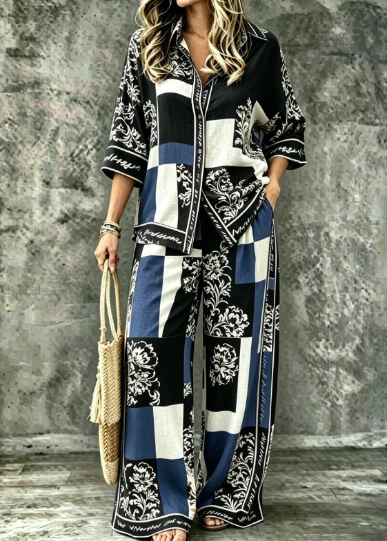 Summer Womens Shirt Set With A Digital-print Collar
