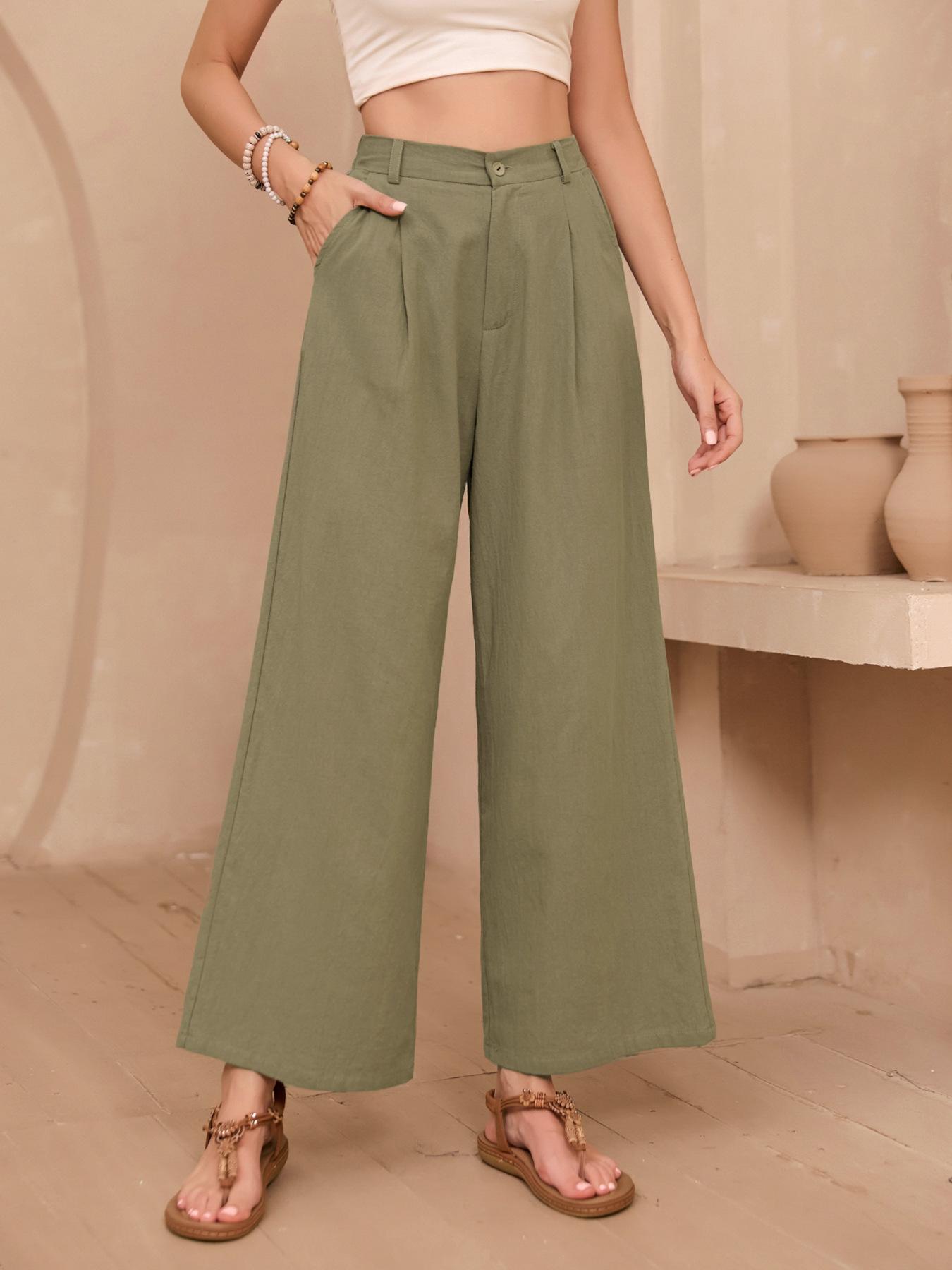 Solid-color Chic Linen Wide-leg Womens Summer High-waisted Draping Casual Pants