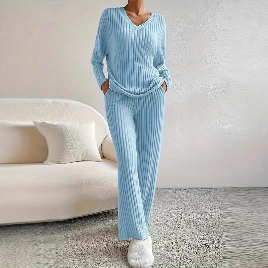 Straight-leg Pants With A Loose And Elegant V-neck Ribbed Two-piece Set