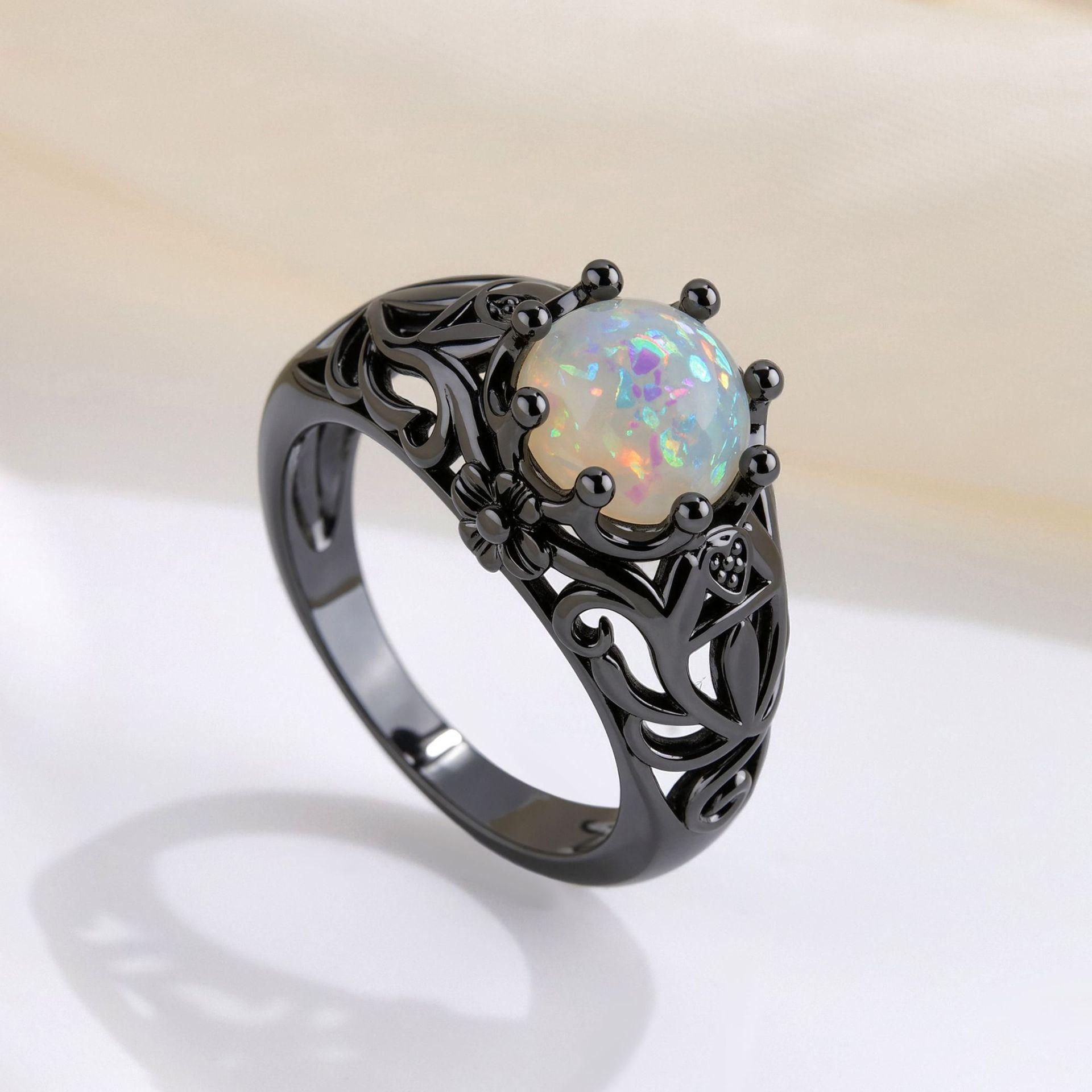 Dark Punk Style Thorn Cutout Gun Black Faux Opal Ring