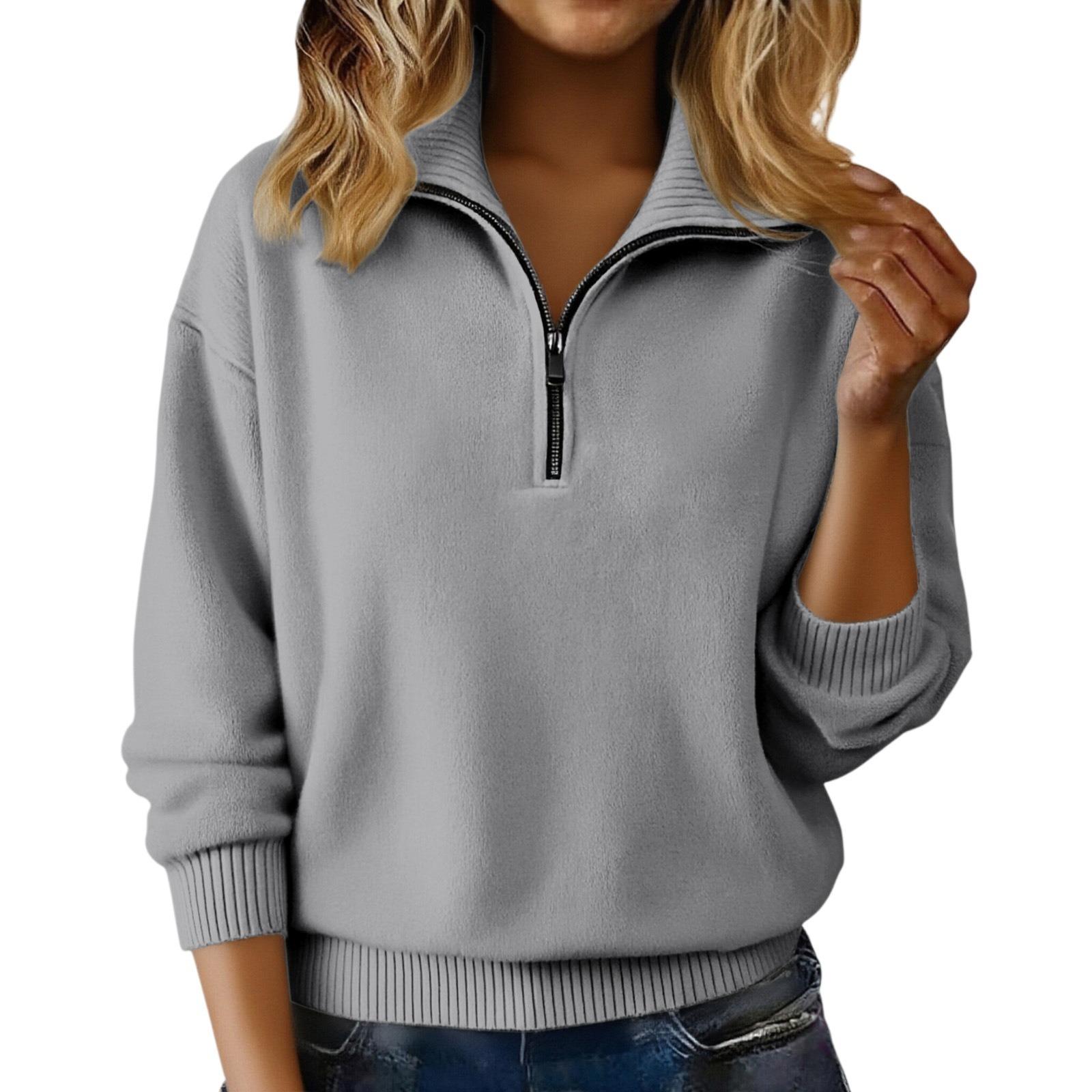 Women's Solid Color Lapel Zip Pullover Sweater, Loose 3D Casual Top For Autumn