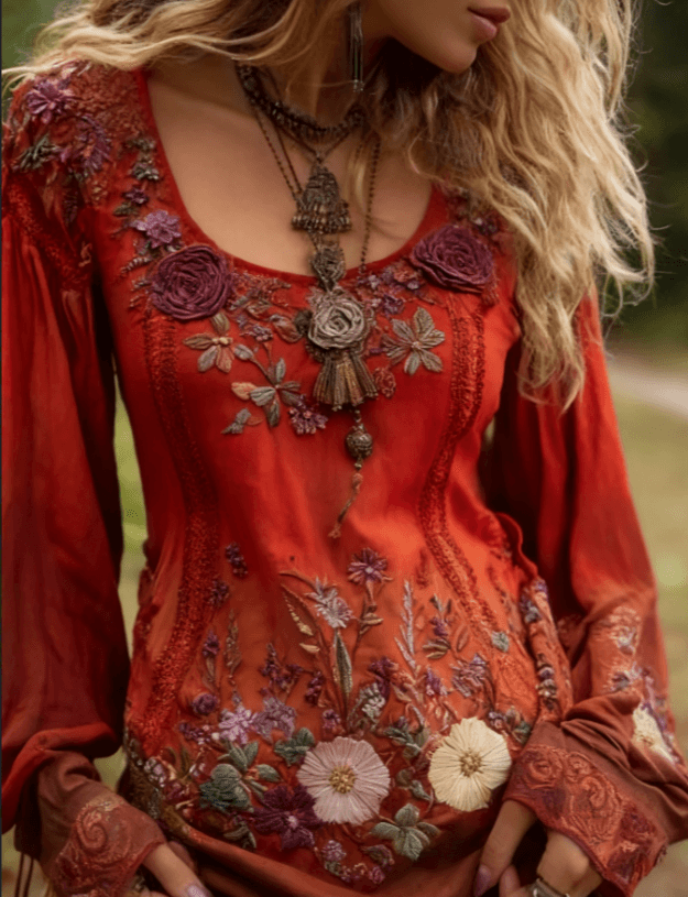 Grass And Flower Embroidered Linen Shirt