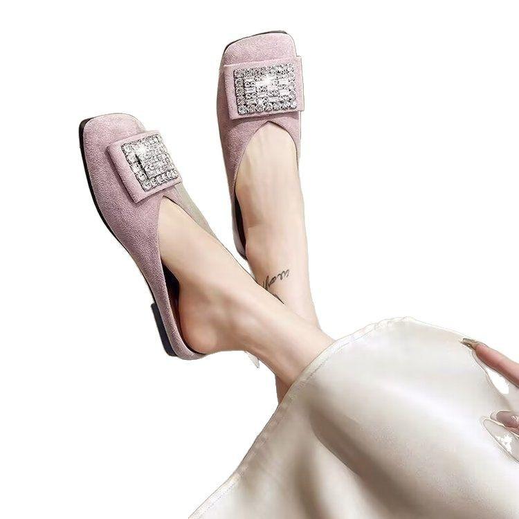 Womens Summer Outdoor Versatile Non-slip Rhinestone Square-toe Flat Shoes