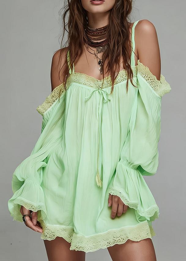 Lace-trimmed Off-shoulder Puff Sleeve Loose Short Dress