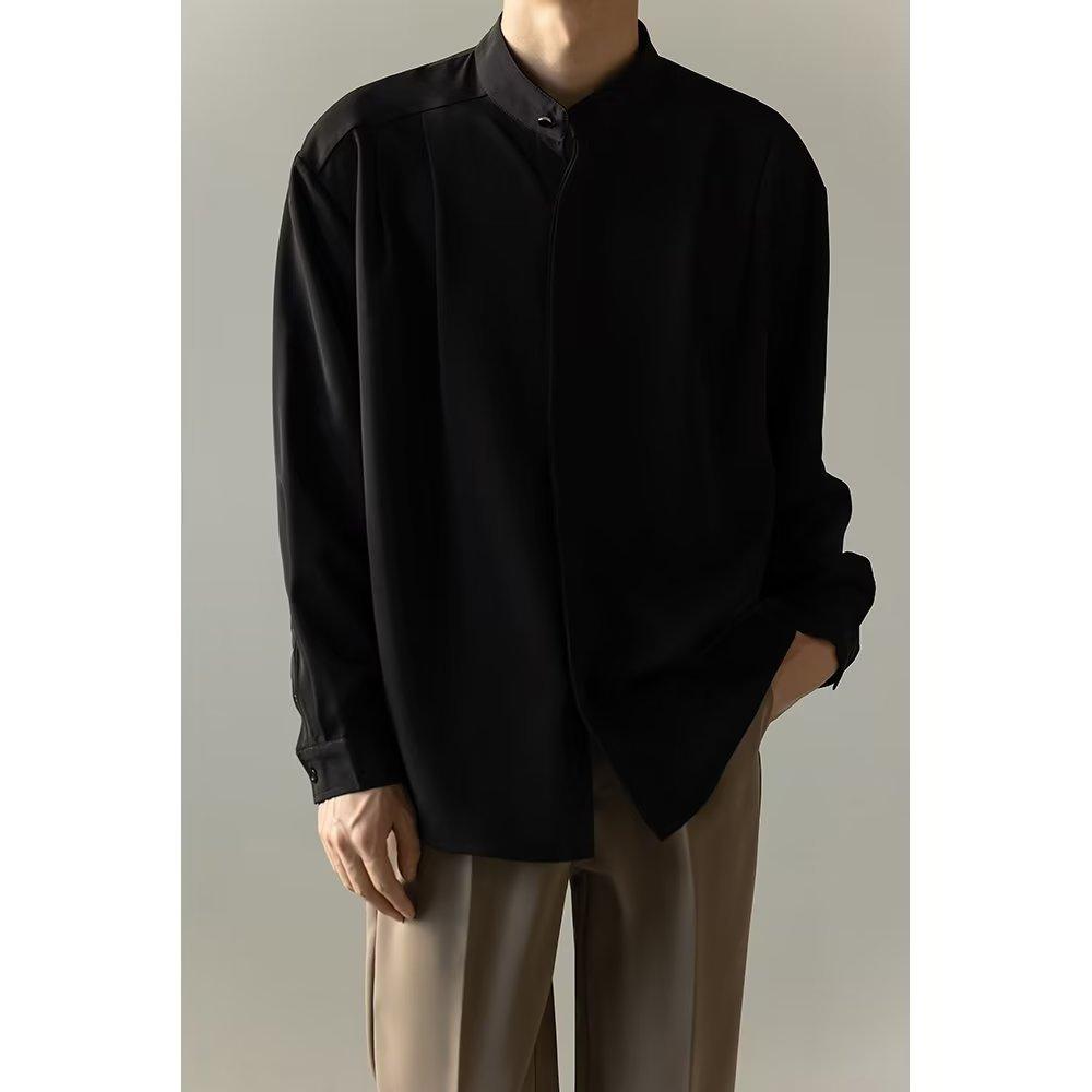 Mens Casual Loose-fitting Long-sleeve Shirt With A Stand-up Collar