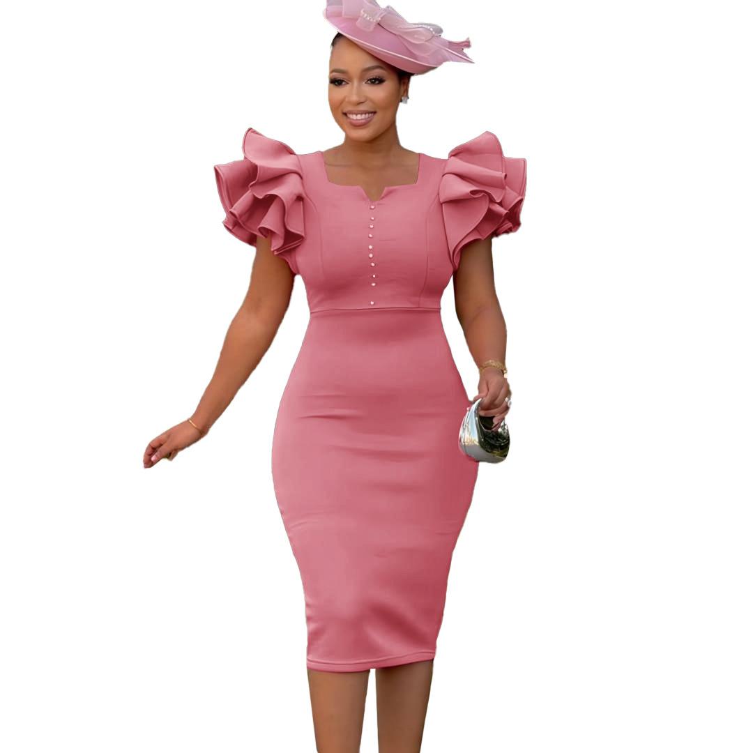 Fashion Women's Wear Beaded Ruffle Sleeve Sheath Dress