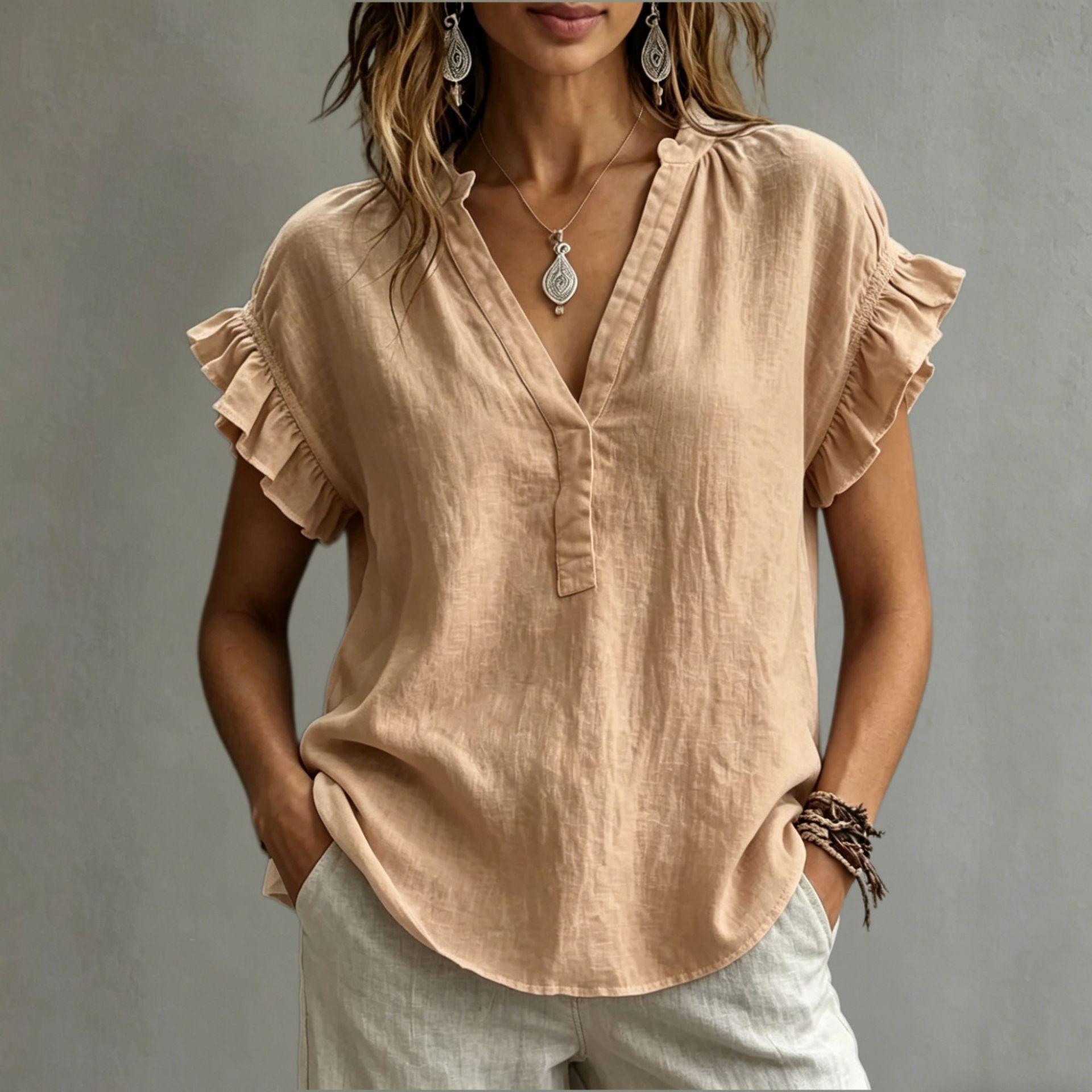 Summer Womens Bohemian-style Casual V-neck Short-sleeve Top