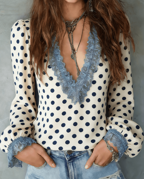 French Retro Style Printed Lace Patchwork Shirt For Women