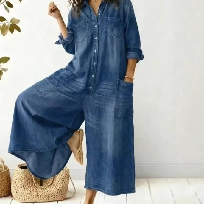 Women's Casual Denim Jumpsuit With Front Pockets