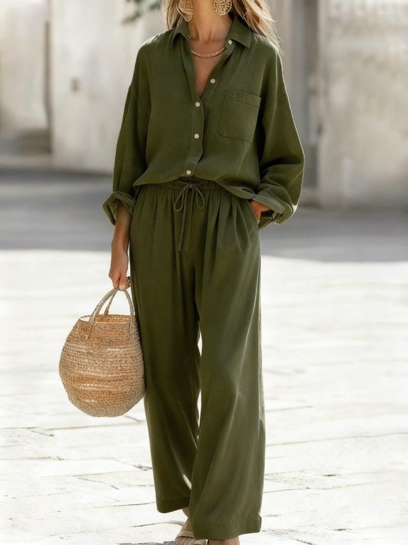 Womens Solid-Color Cotton-Linen Loose-Fit Set