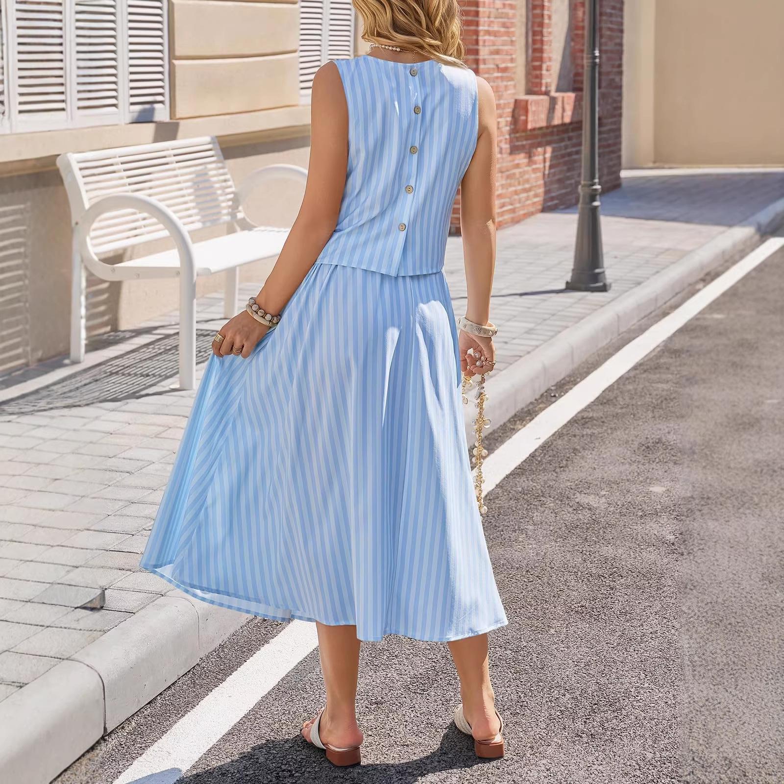 Womens Elegant Striped Vest And A-Line Skirt Two-Piece Set