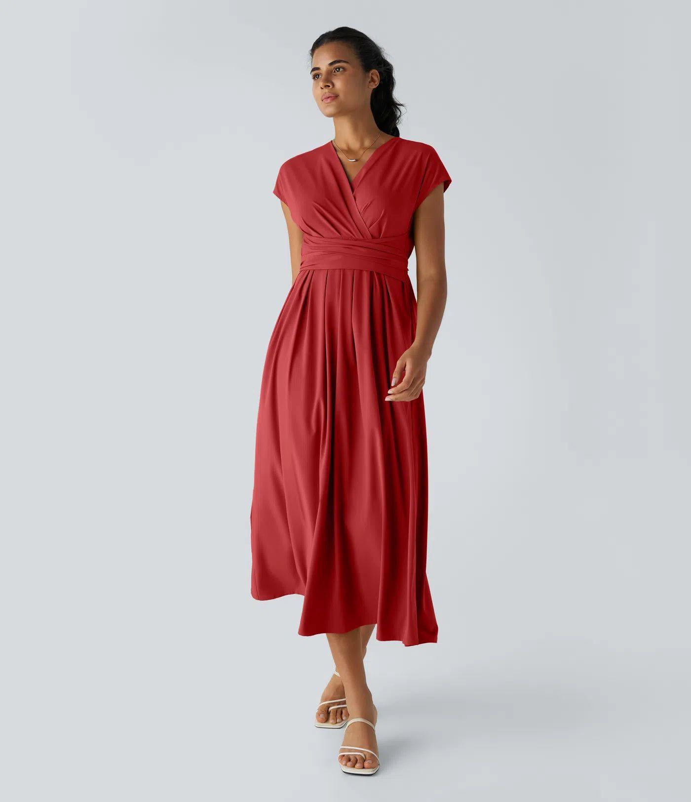 Solid Color Overlapping V-neck Short Sleeve Side Pocket Lace-up Quick-drying Mid-length Casual Dress