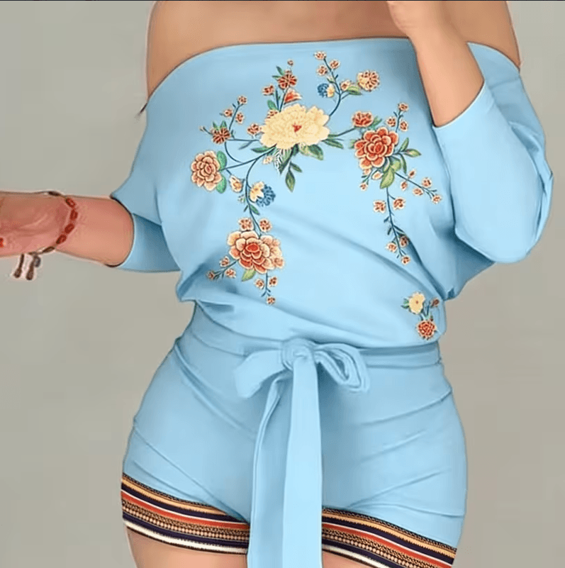 Peacock Print Off-Shoulder Long-Sleeved Tie-Waist Women's Casual Jumpsuit