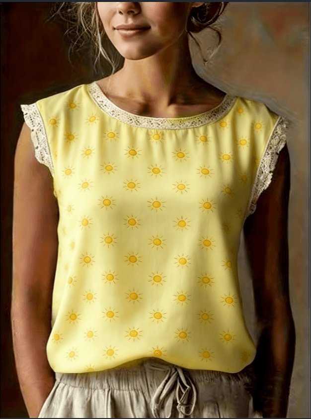French Ditsy Floral Lace Flutter Sleeveless Blouse
