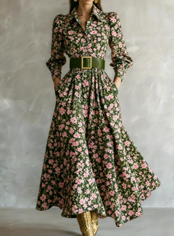 Waist-cinching Shirt Collar Casual Long Dress
