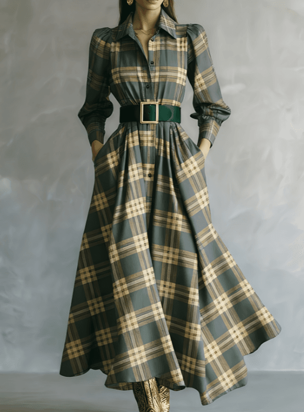 Waist-cinching Shirt Collar Casual Long Dress