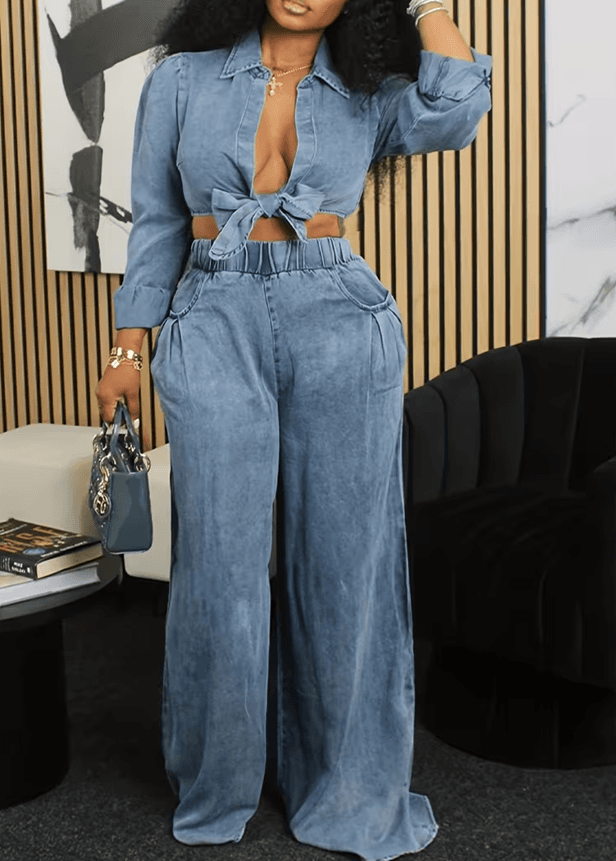 American Retro Short Knotted Shirt  High-waisted Wide-leg Pants Suit For Women