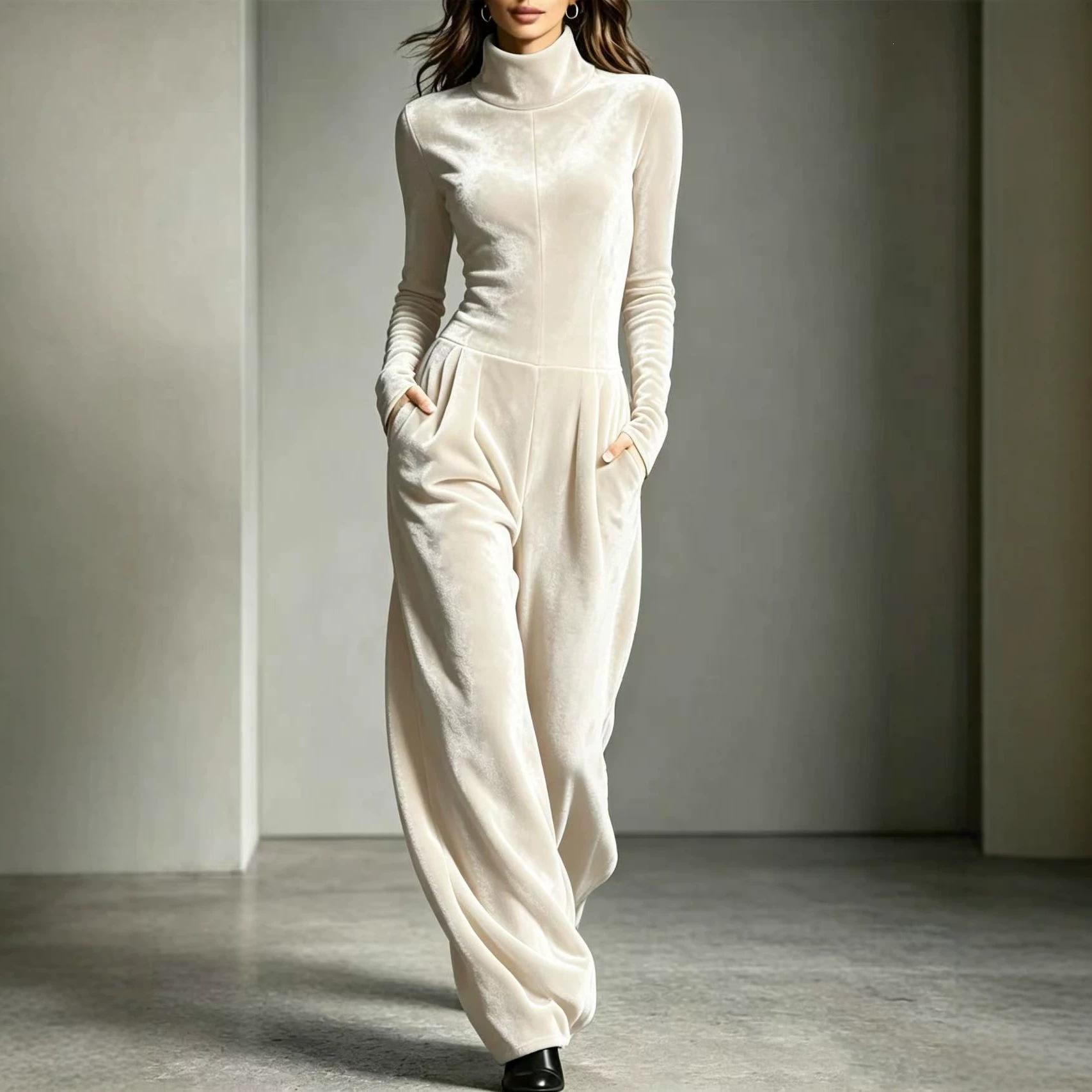Womens Casual Turtleneck Solid-Color Long-Sleeve Jumpsuit