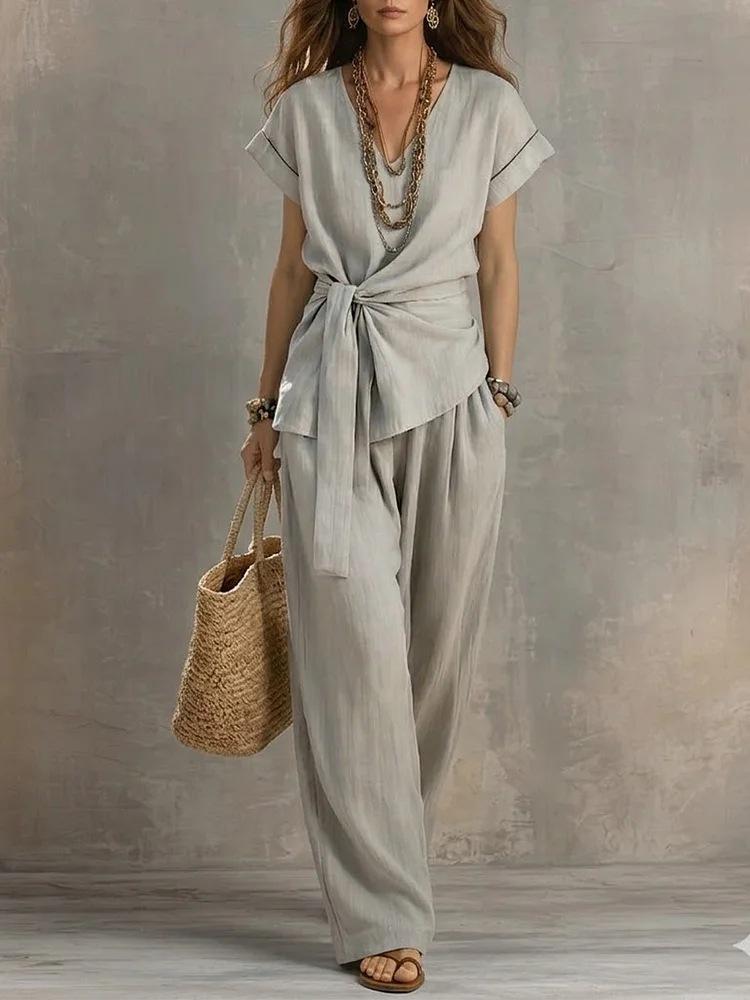 Waist-cinched V-neck Top And Solid-color Casual Pants Set