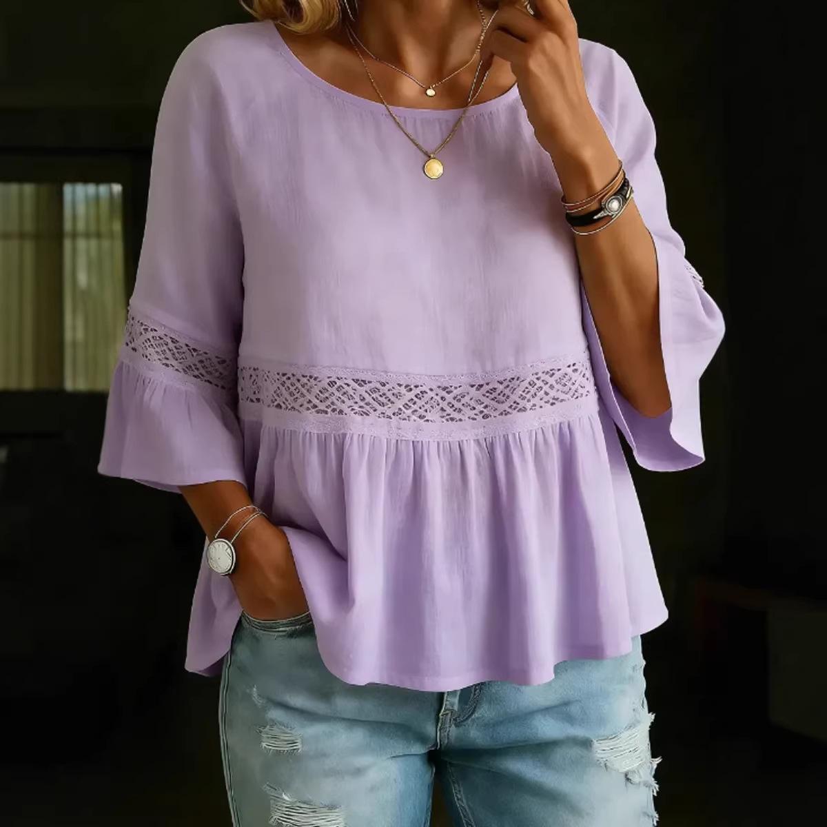 Loose Cotton And Linen Lace-Patched Crew-Neck Womens Top