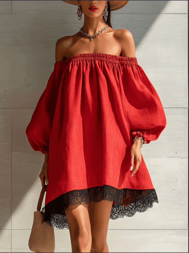 One Shoulder Bubble Sleeve Black Lace Patchwork Red Short Dress