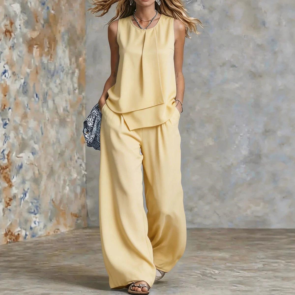 Casual Chic Sleeveless Solid Color Two Piece Set With A Top And Wide Eg Pants