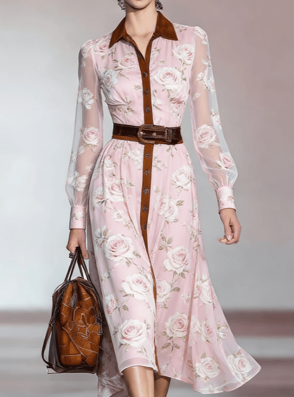 Printed Color-blocked Collared Fitted Shirt Dress
