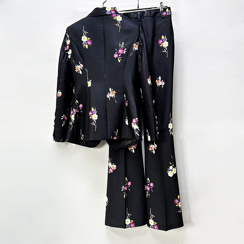 Floral Print Single Button Blazer & Floor-Length Flared Pants 2-Piece Suit Set