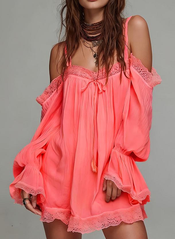 Lace-trimmed Off-shoulder Puff Sleeve Loose Short Dress
