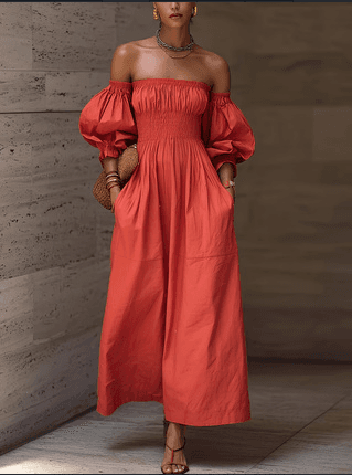 3 Color Option Off Shoulder Puff Sleeve Smocked Waist Pocketed Flowy Maxi Dress