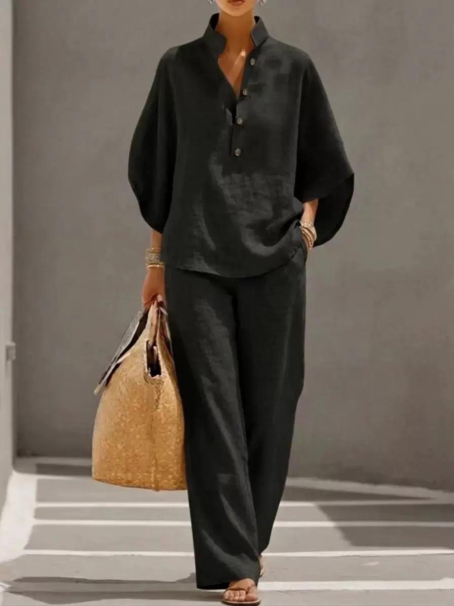 Linen Blend Stand Collar Half Button Batwing Sleeve Top & Wide Leg Pants Casual Two Piece Vacation Outfit Set