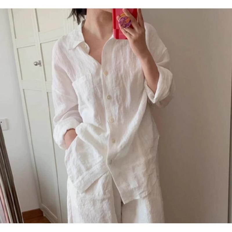 Linen-cotton White Shirt And Pants Set For Women