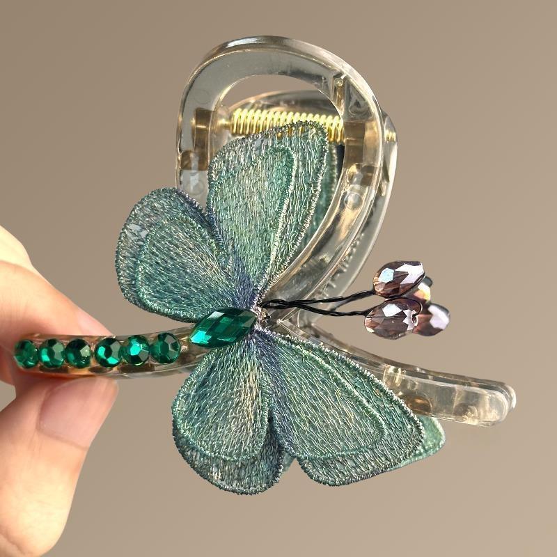Retro-style Embroidered Butterfly Half-up Shark Clip Hair Accessory