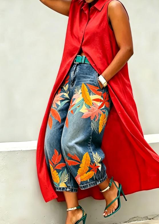 Mid-rise Wide-leg Denim Capri Pants